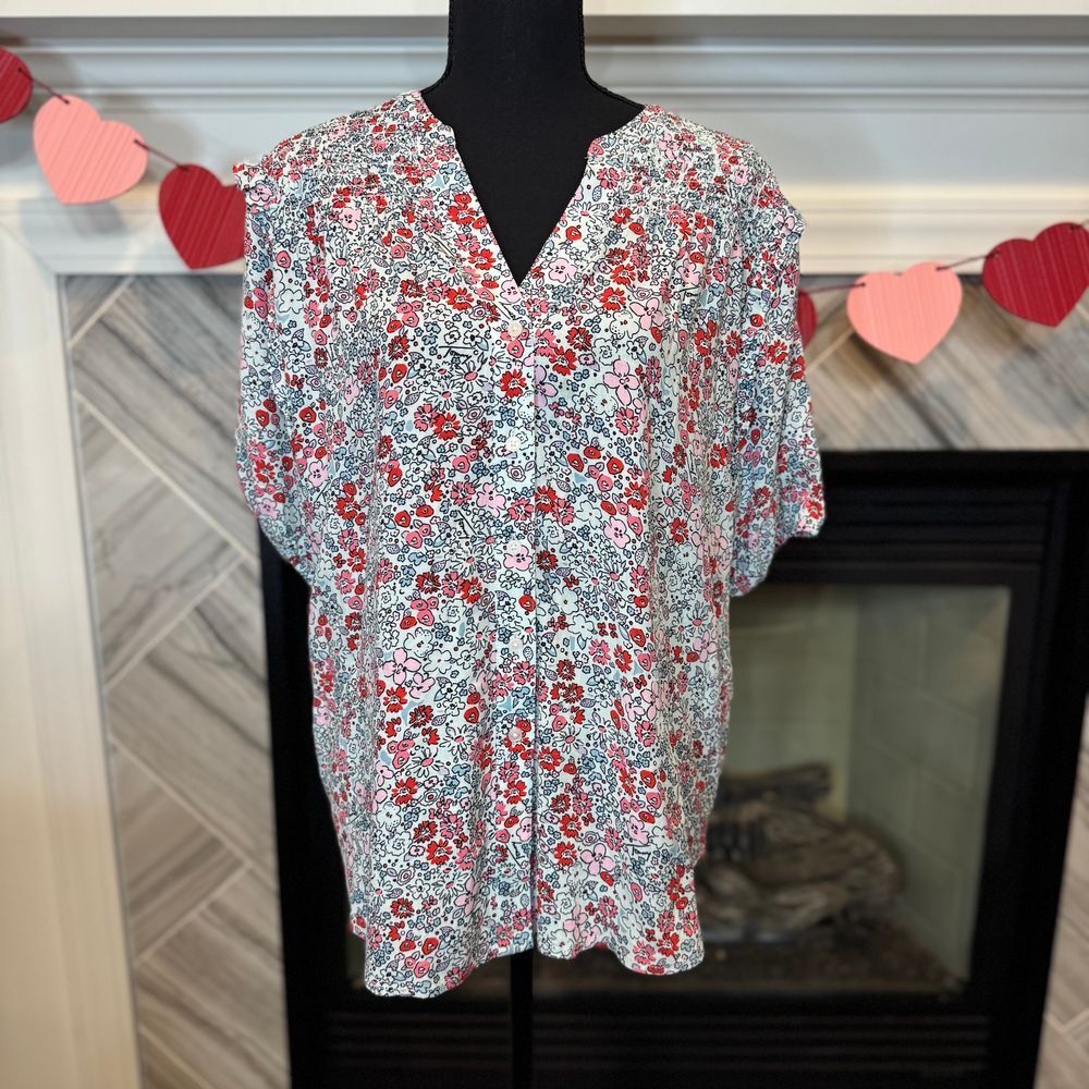 Tommy Hilfiger Floral Print V-Neck Blouse Red Pink White Short Sleeve Summer Top
